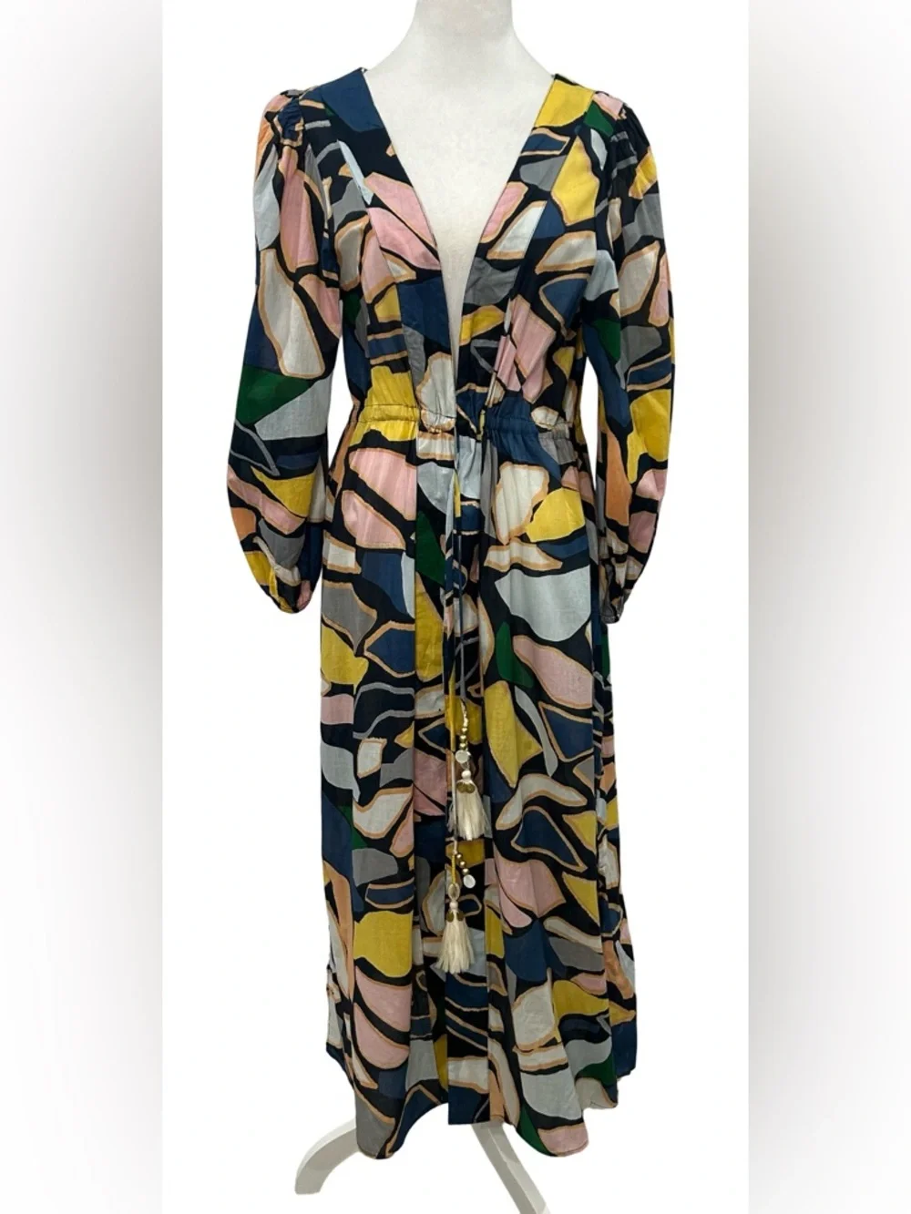 Free Destination Beach Maxi Cover Up Dress S M L Cotton Tassel Resort Boho Print - Picture 2 of 11